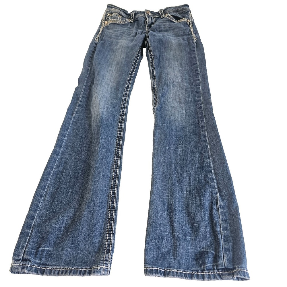 Grace in LA Womens Bootcut Jeans Size 27 Blue Embellished Pocket Stretch Denim